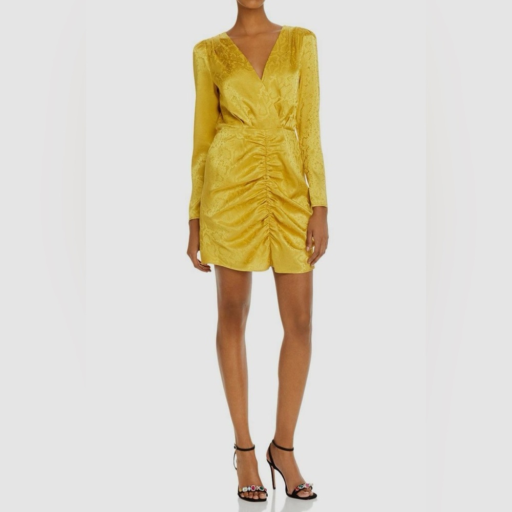 WAYF Yellow‎ Gold Snake Print Long Sleeve Mini Dress Ruched Low Cut Large New